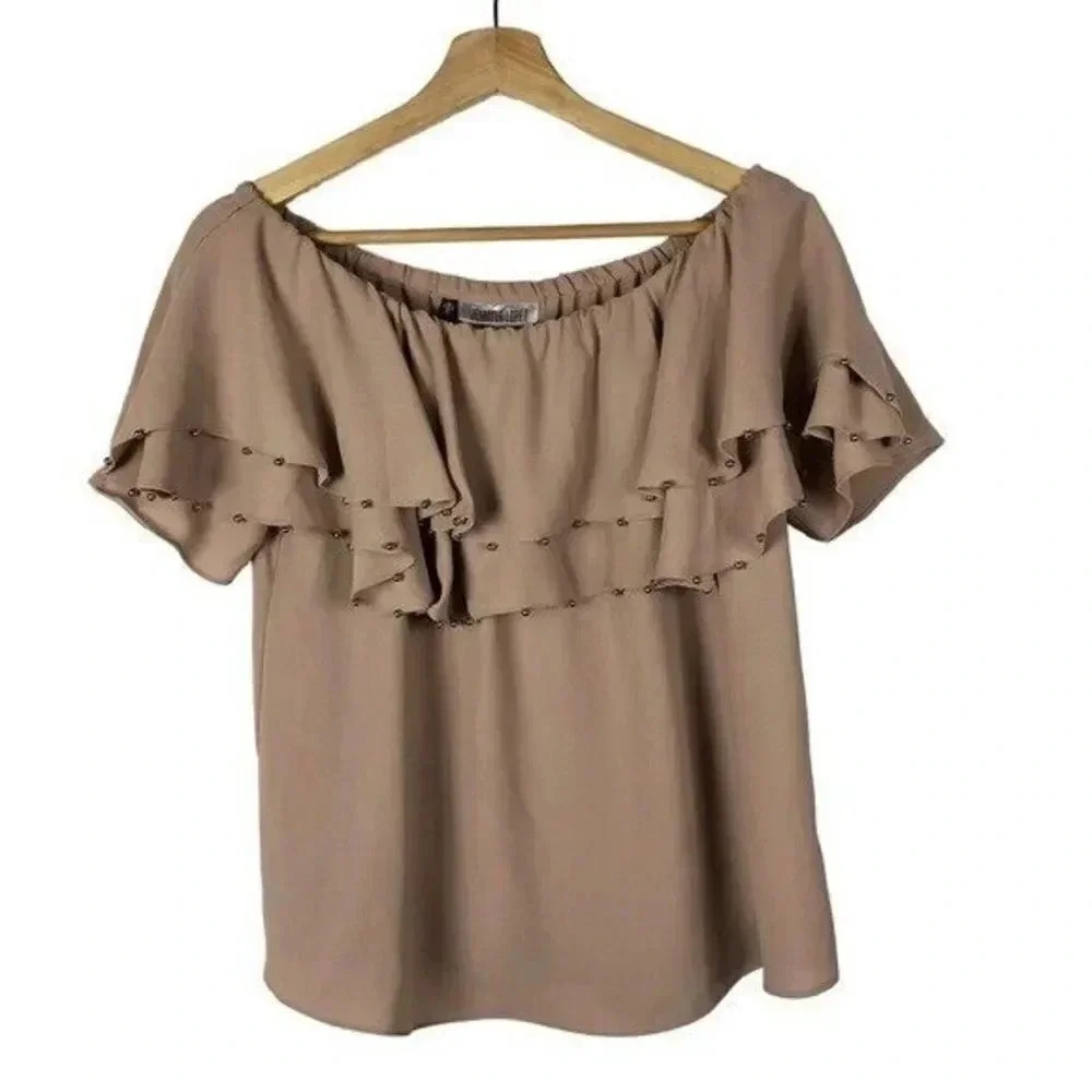 Jennifer Lopez Beige Ruffle Layered Beaded Short Sleeve Blouse S